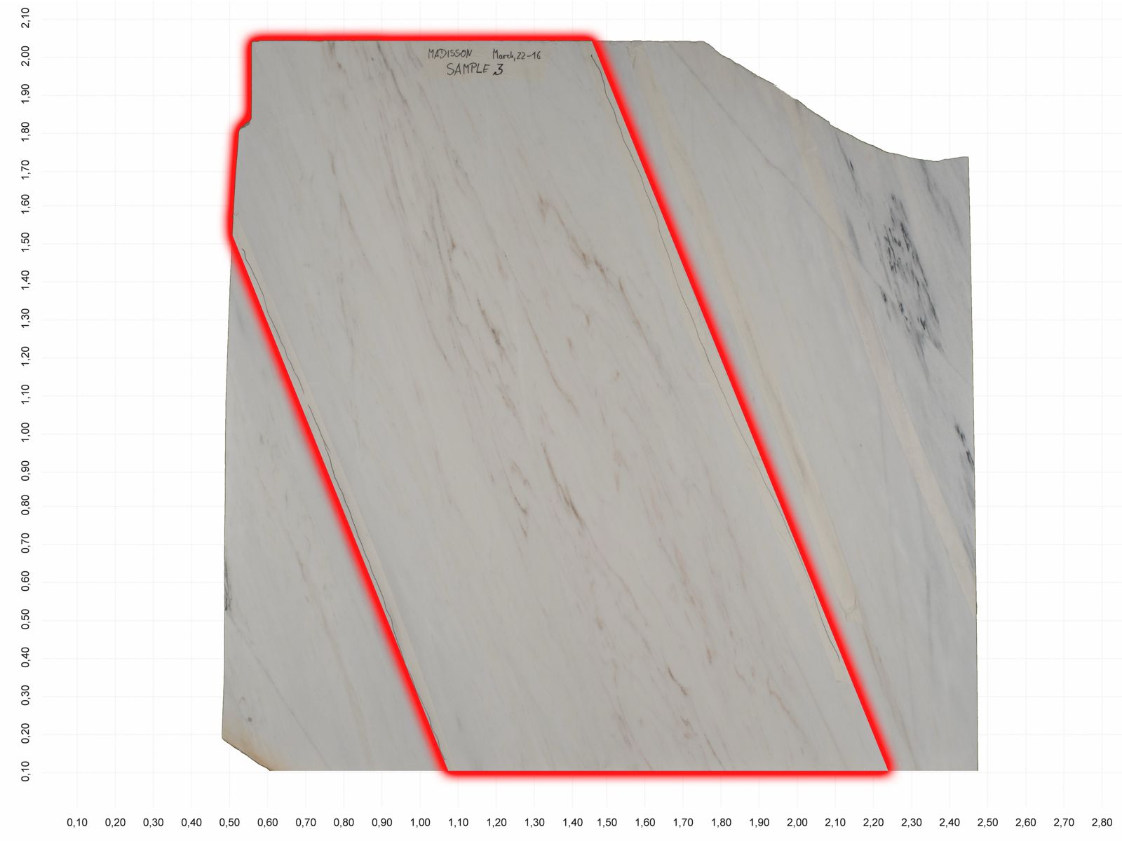 Traditional documentation: hand-marked slab with range annotations, processed via photo and scaling