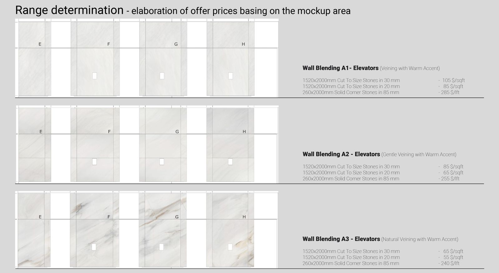 Digital range definition — three blending variants for an elevator lobby with different veining and price points