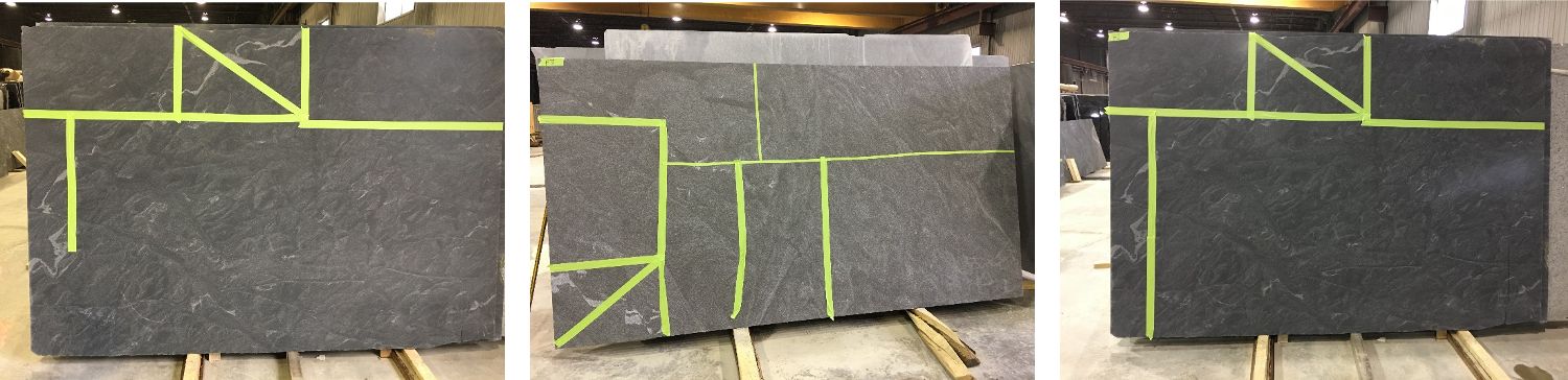 Cut planning on raw slabs — green markers show the placement of project pieces