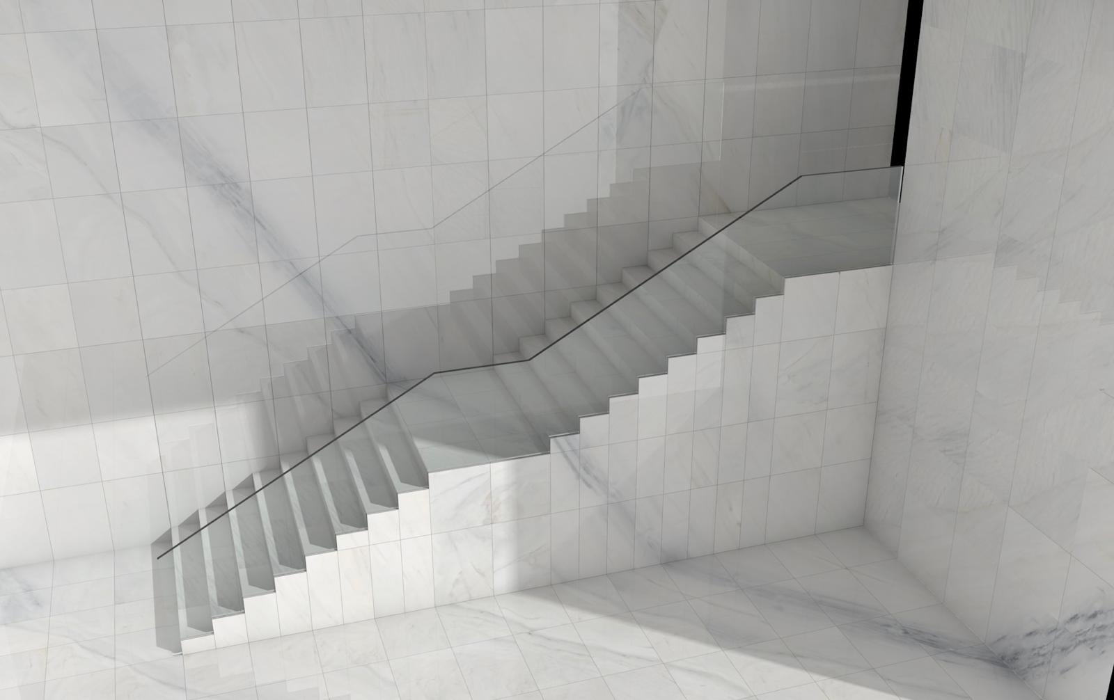 Vano scala in marmo con luce naturale — le ombre dei gradini creano motivi geometrici sulla superficie della pietra