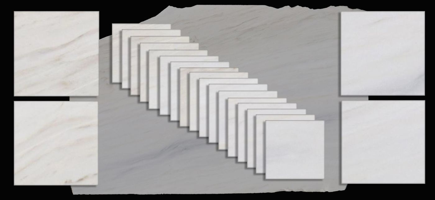 Kleine Naturstein-Muster täuschen — die Realität liegt im Slab — Sample-Ausschnitte aus einem Slab Lasa Bianco Vena Oro